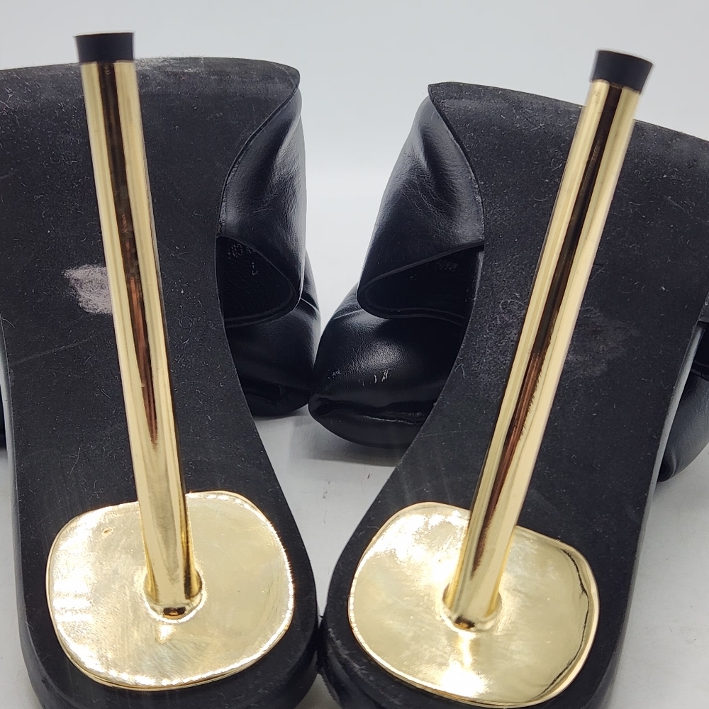 Jeffrey Campbell Bow-Down High Heel Slide Sandals In Black And Gold Size 7 - Picture 9 of 16